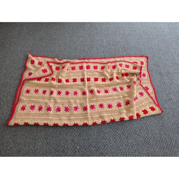 Hand Made Crochet Knit Afghan Throw Lap Blanket 64" x 60" Tan Pink Red - Picture 6 of 6